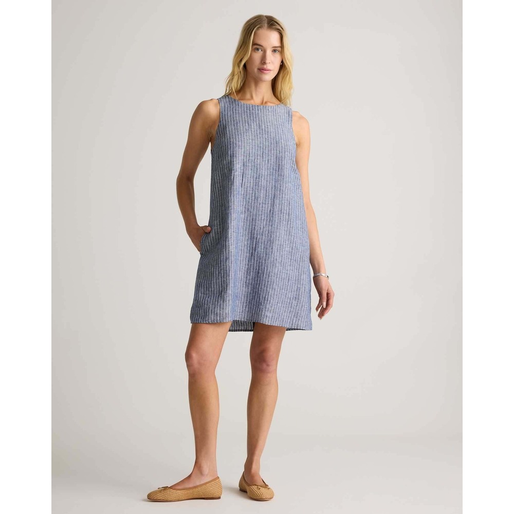 Quince Blue White Striped 100% Linen Sleeveless Shift Pocket Dress Medium NWT